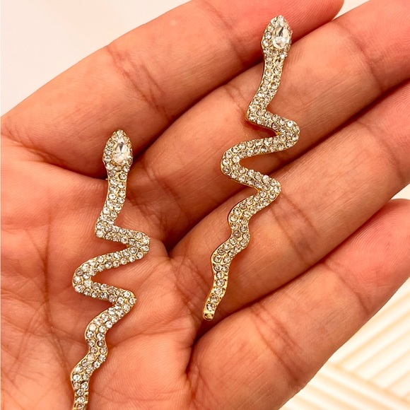 Gold snake statement earrings- snake rhinestone earrings- gold drop earrings - Picture 2 of 6